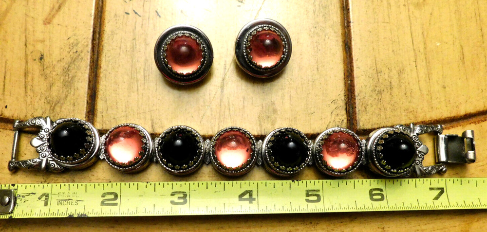 Lot Vtg Mexico Raised black pink Clear Domes Filigree Bracelet & Earrings Retro